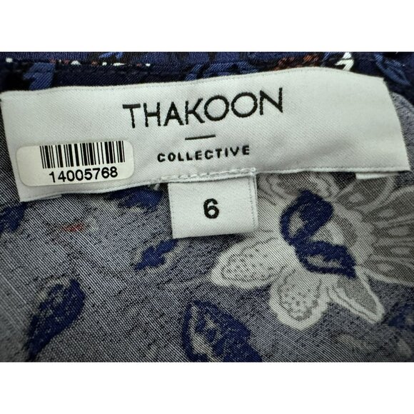 Thakoon Collective Navy Lotus Printed Dress Sz 6 V-Neck Ruffled High-Low Hem - Picture 7 of 10
